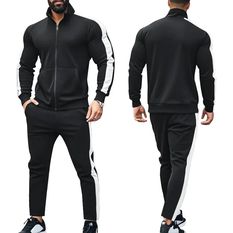 2025 Spring Autumn Men's 2-Piece Set Color Blocking Zipper Stand Collar Casual Sports Jacket Sweatshirt Trousers Suit