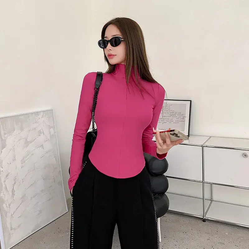 Elegant Versatile Inner Top Women's Long Sleeve T-Shirt Korean Style Zip-Up Half Polo/Turtle Neck Base Layer Top Solid Color