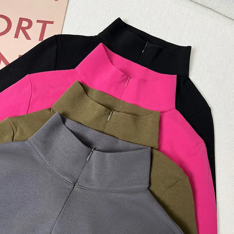 Elegant Versatile Inner Top Women's Long Sleeve T-Shirt Korean Style Zip-Up Half Polo/Turtle Neck Base Layer Top Solid Color