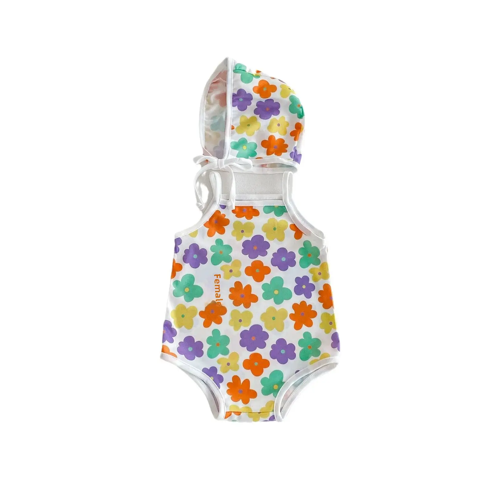 2024 Summer Korean Style Children's One Piece Swimsuit Cap Small Kids Baby Women's Beach Swimming Vacation Wear