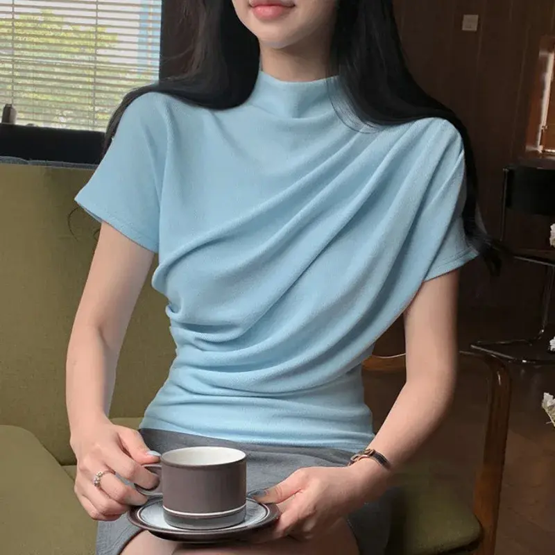 Women's High Elasticity Folded T-shirt Korean Style Versatile Quality Knitted Top Elegant Feminine Casual Summer Tee
