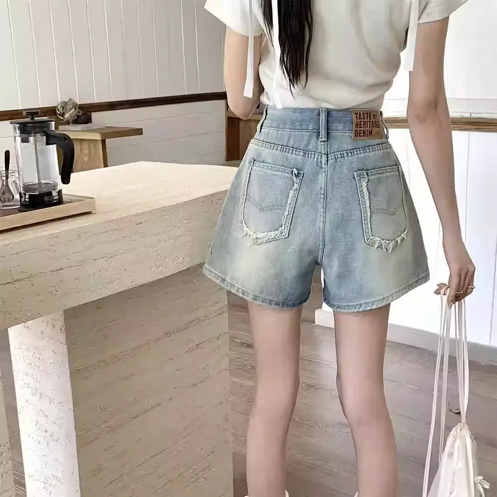 American High Waist Slimming Wide Leg Denim Shorts Women Summer Trendy Design Sense Frayed Skin Tight A- Line Straight Hot Pants
