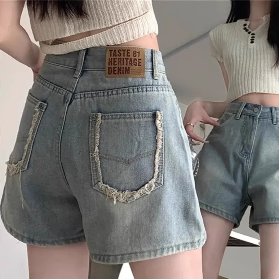 American High Waist Slimming Wide Leg Denim Shorts Women Summer Trendy Design Sense Frayed Skin Tight A- Line Straight Hot Pants