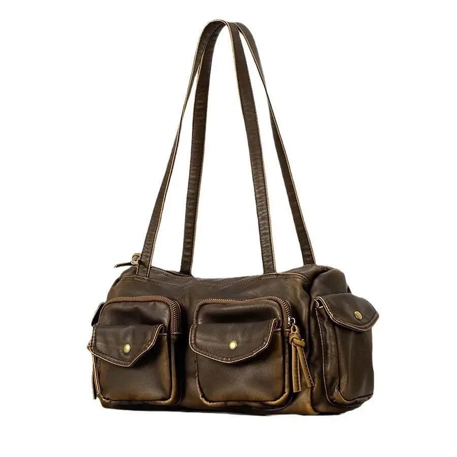 American Vintage Spicy Girl Style Multi-Pocket Underarm Women's Bag Niche Design Single Shoulder Motorcycle Soft Leather Handbag