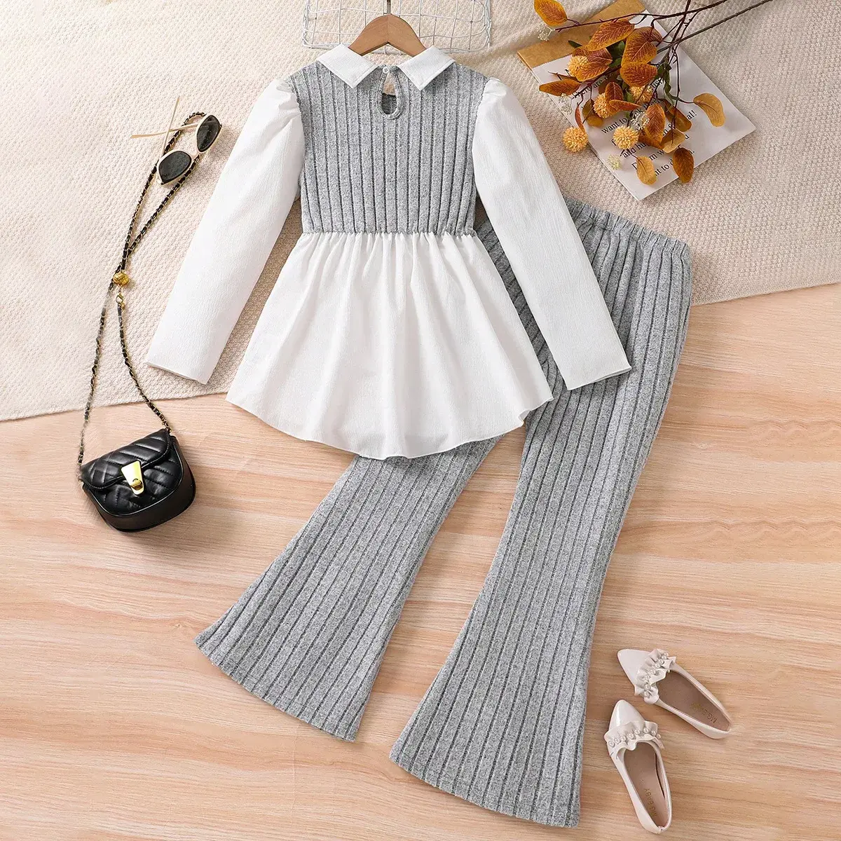 Girls 2024 Autumn Two-Piece Illusion Long Sleeve Top+Stylish Bell-Bottom Pants Casual Style Chinese Mainland Origin