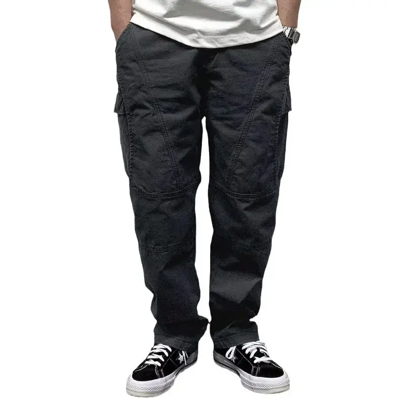 2024 Spring New Men's Pants Multi-Pocket Cargo Pants Vintage Solid Color Simple Loose-Fit Casual Pants