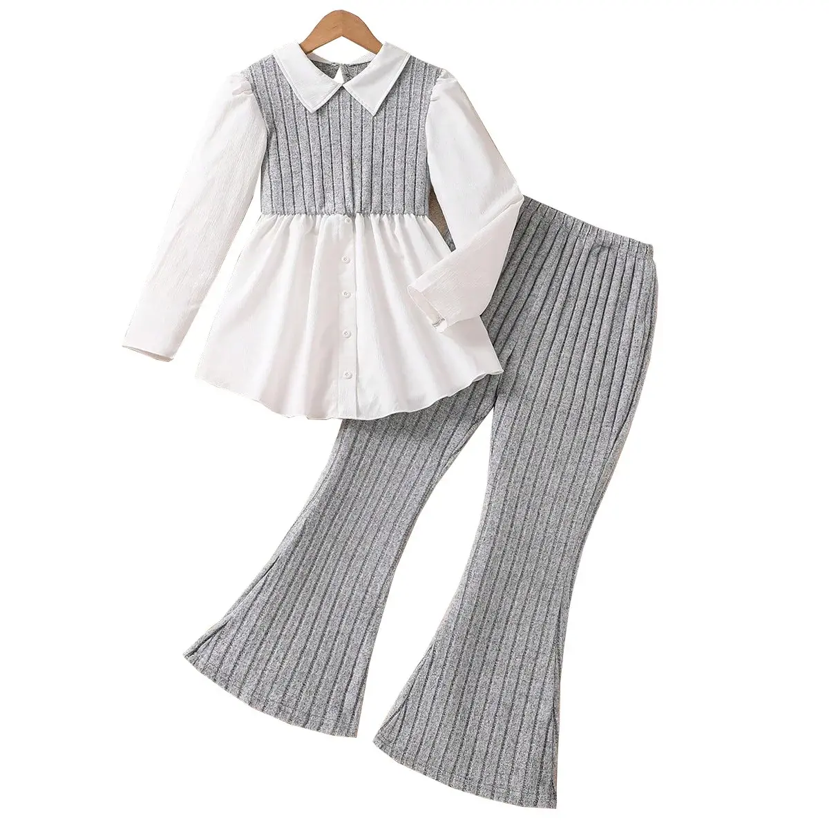 Girls 2024 Autumn Two-Piece Illusion Long Sleeve Top+Stylish Bell-Bottom Pants Casual Style Chinese Mainland Origin