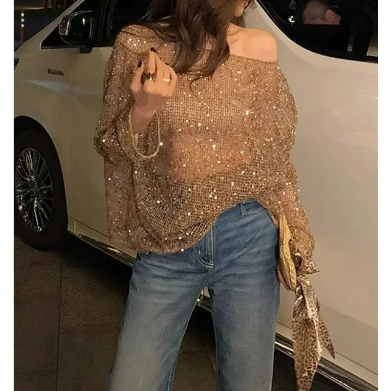 Laid-back Style Glitter One-Shoulder Women's Sunshade Cover Shirt Summer New Design Fashionable Hollow out Polyester Fiber T-shi