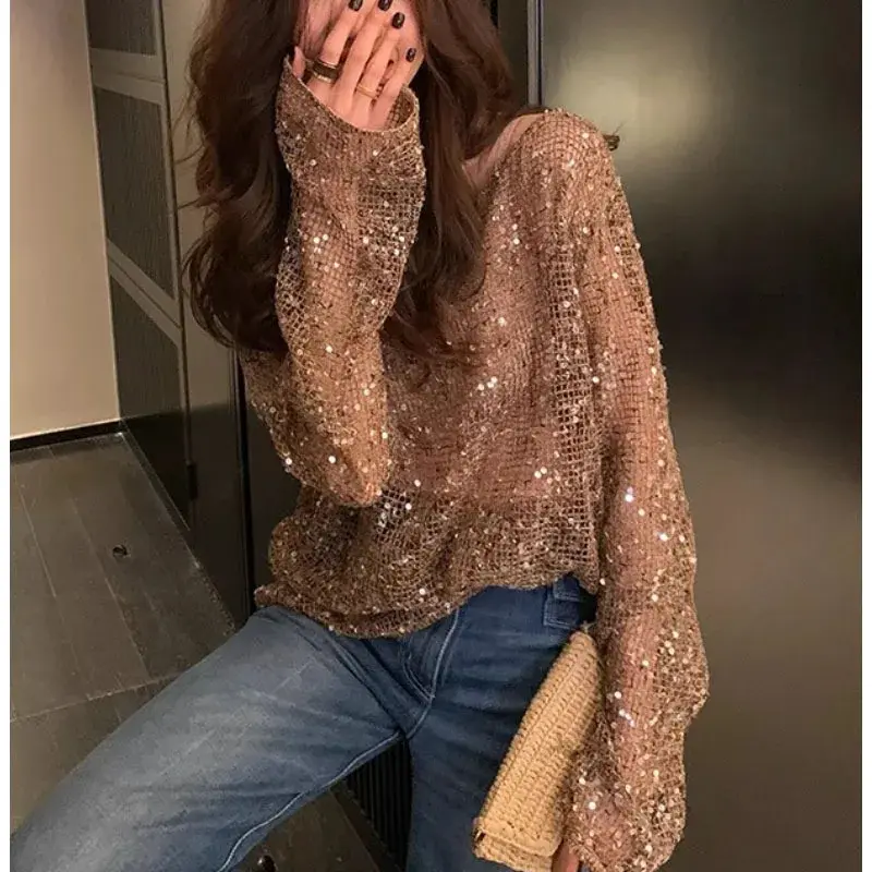 Laid-back Style Glitter One-Shoulder Women's Sunshade Cover Shirt Summer New Design Fashionable Hollow out Polyester Fiber T-shi