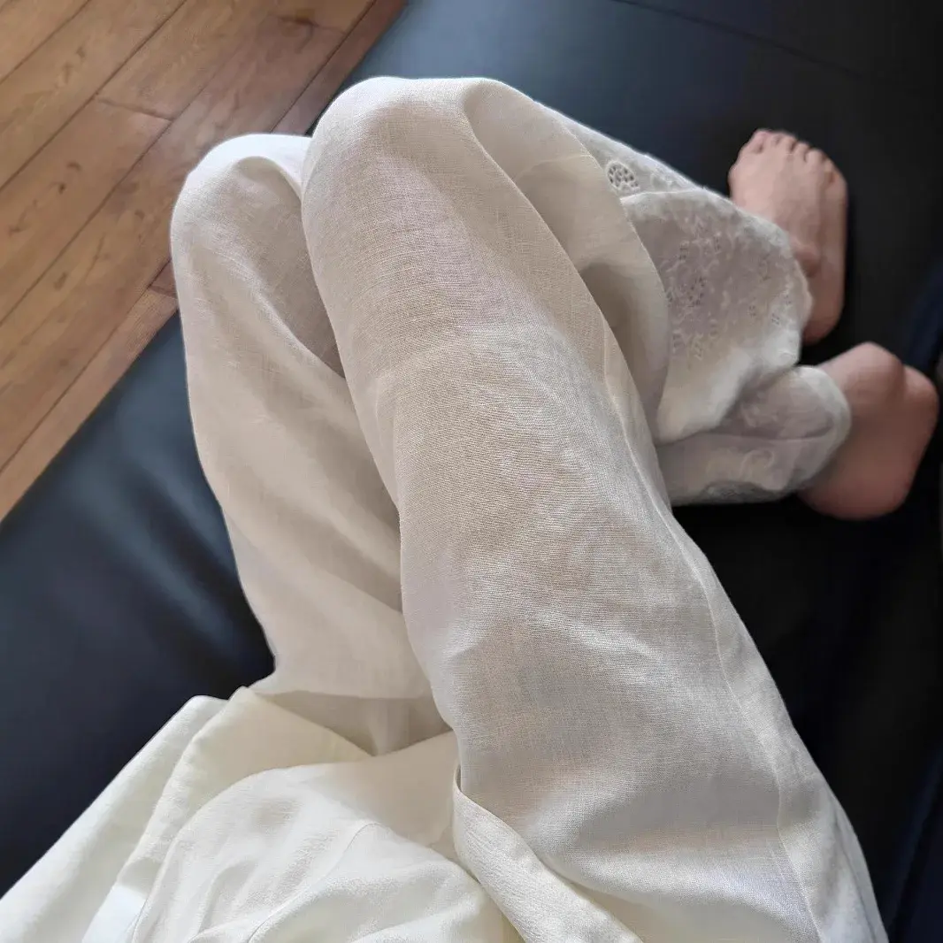 Laid-back Linen Embroidered Pants Elastic Waist Straight Leg Casual Women's Trousers Spring Summer New Style Comfortable Fit