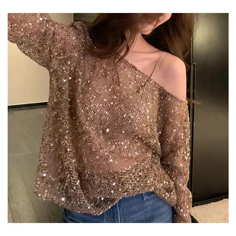 Laid-back Style Glitter One-Shoulder Women's Sunshade Cover Shirt Summer New Design Fashionable Hollow out Polyester Fiber T-shi