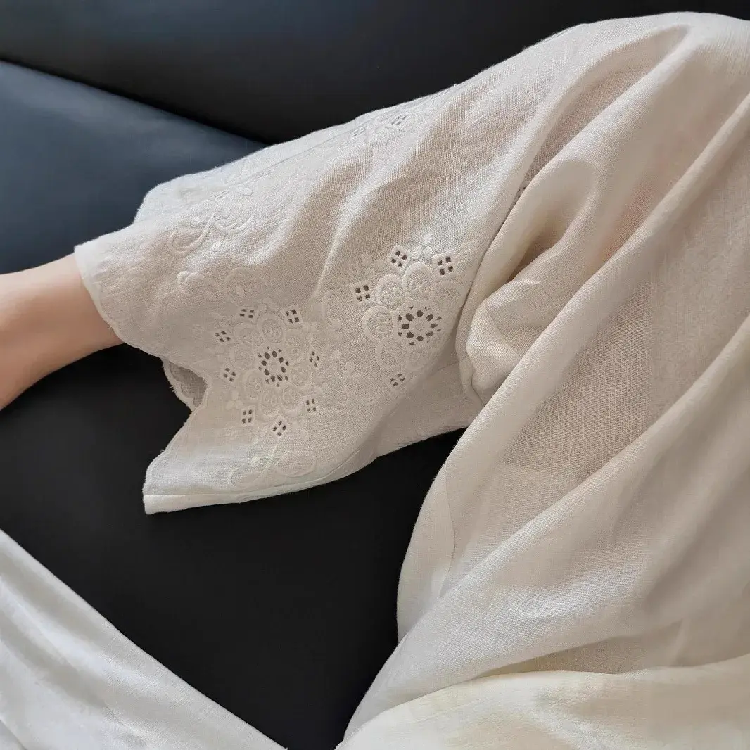 Laid-back Linen Embroidered Pants Elastic Waist Straight Leg Casual Women's Trousers Spring Summer New Style Comfortable Fit