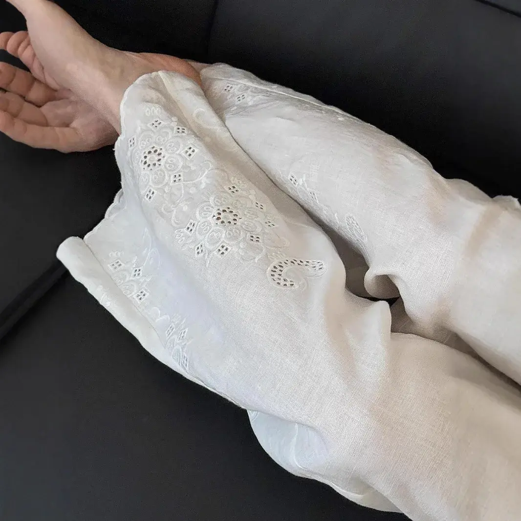 Laid-back Linen Embroidered Pants Elastic Waist Straight Leg Casual Women's Trousers Spring Summer New Style Comfortable Fit
