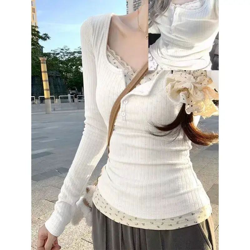 Pure Desire BM Style Long Sleeve Lace T-Shirt Women's Spring Autumn French Style Slim Fit Sweet And Spicy Girl Top
