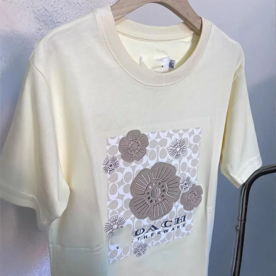 Loose Knitted Short Sleeve T-Shirt Summer 2025 New Style Embroidered Patchwork Floral Pattern Unisex Versatile Cotton Crew Neck
