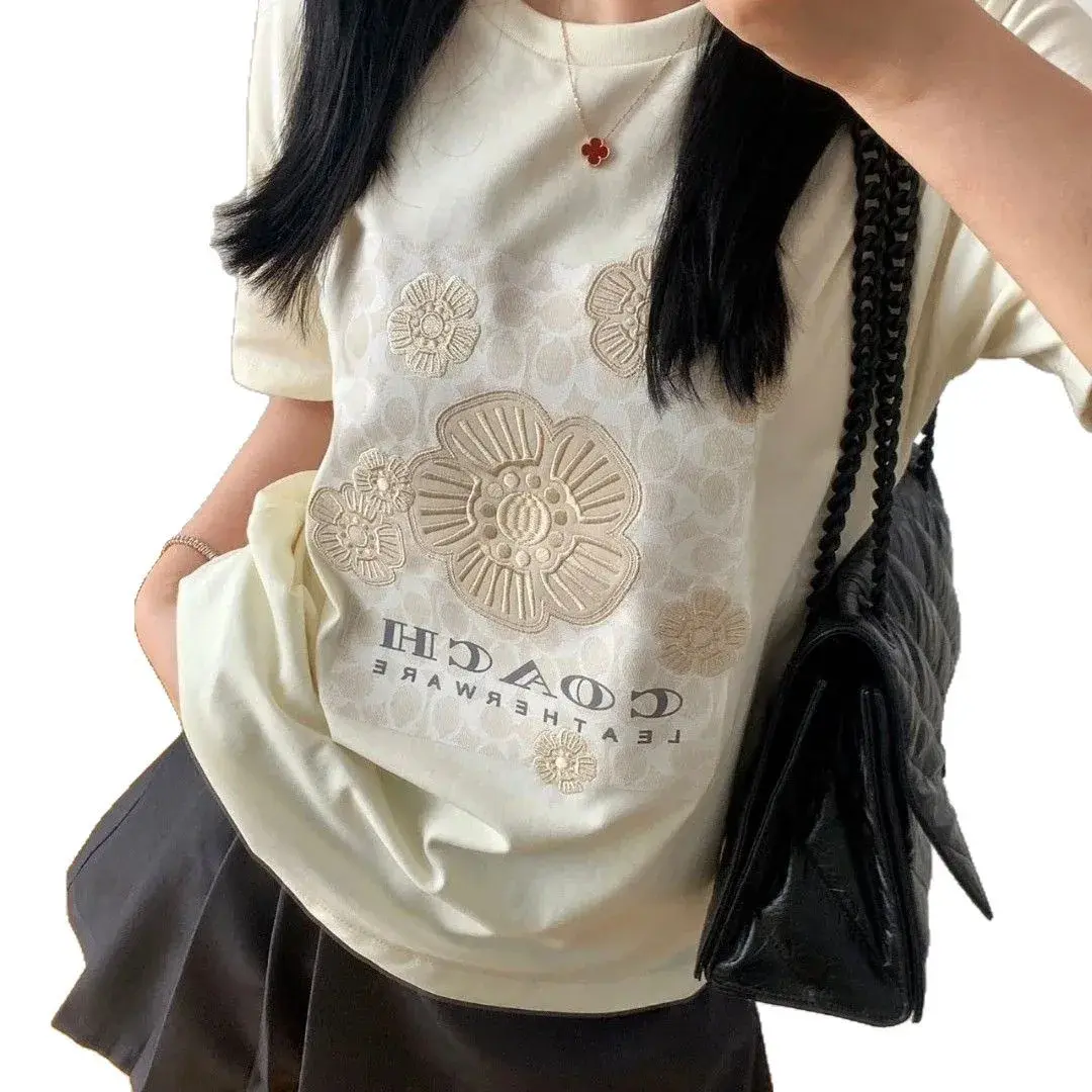 Loose Knitted Short Sleeve T-Shirt Summer 2025 New Style Embroidered Patchwork Floral Pattern Unisex Versatile Cotton Crew Neck
