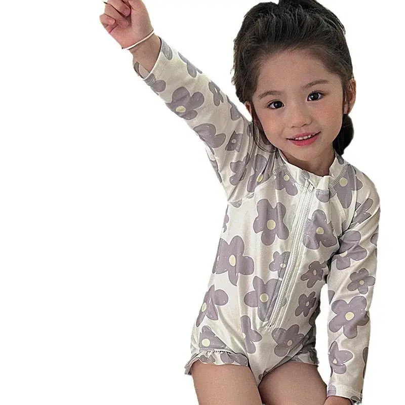 Summer Children's One-Piece Swimsuit Fashionable Little Flowers Girl Sunscreen Long Sleeve Swimming Suit Beach Hot Spring Vacati