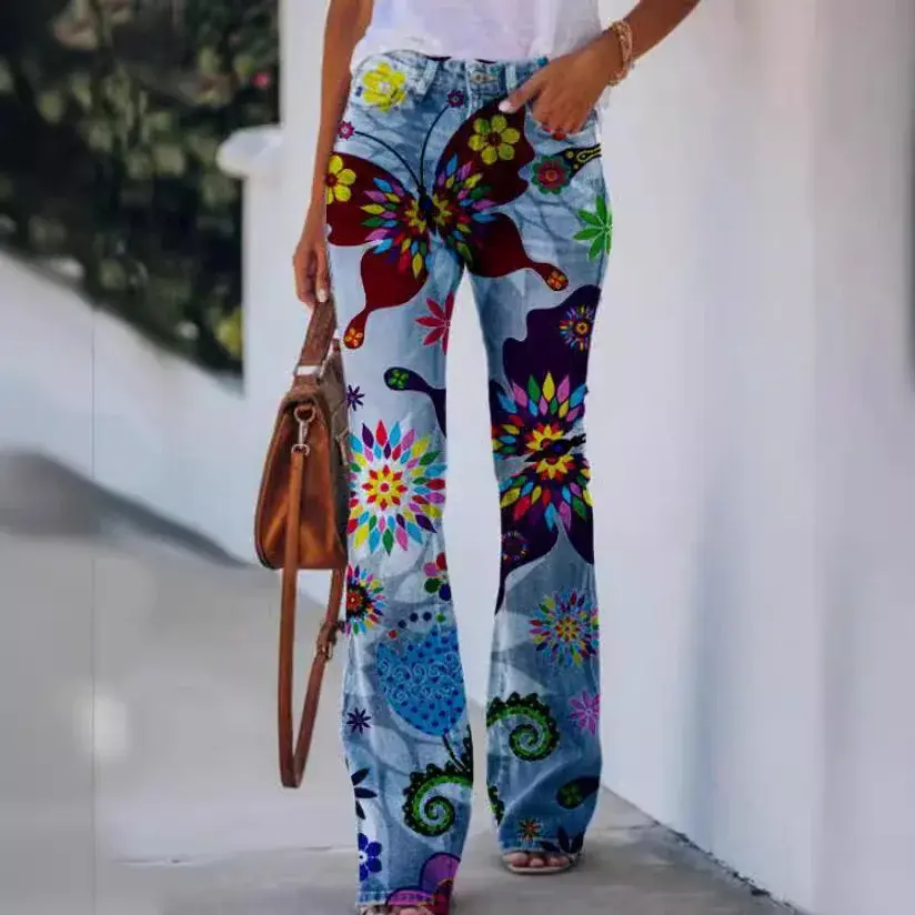 2024 New Independent Station Fast Selling Tebay Vintage Mid Waist Printing Floral Casual Pants Women's Long Pants/Nine Parts/Sev