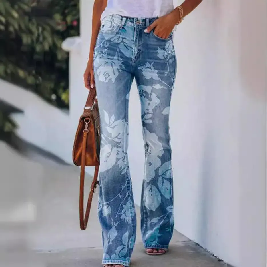 2024 New Independent Station Fast Selling Tebay Vintage Mid Waist Printing Floral Casual Pants Women's Long Pants/Nine Parts/Sev