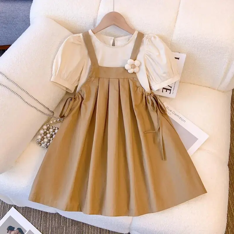 Children's Stylish Casual Summer 2024 New Arrival Bubble Sleeve Top Back Strap Dress 2-Piece Set For Girls Infant To Toddler