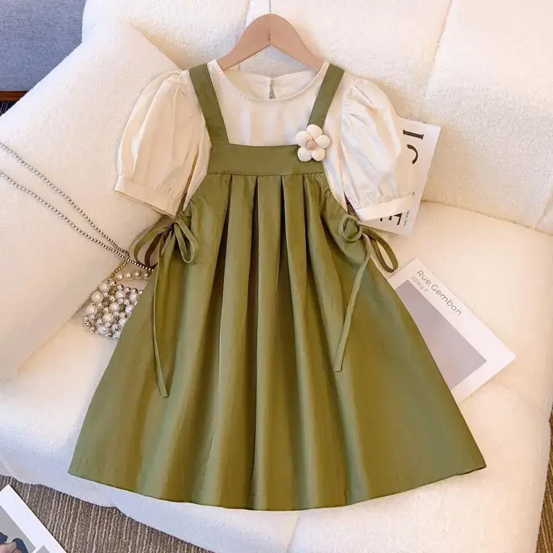 Children's Stylish Casual Summer 2024 New Arrival Bubble Sleeve Top Back Strap Dress 2-Piece Set For Girls Infant To Toddler