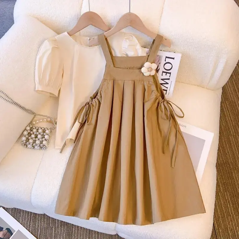 Children's Stylish Casual Summer 2024 New Arrival Bubble Sleeve Top Back Strap Dress 2-Piece Set For Girls Infant To Toddler