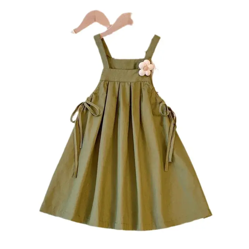 Children's Stylish Casual Summer 2024 New Arrival Bubble Sleeve Top Back Strap Dress 2-Piece Set For Girls Infant To Toddler