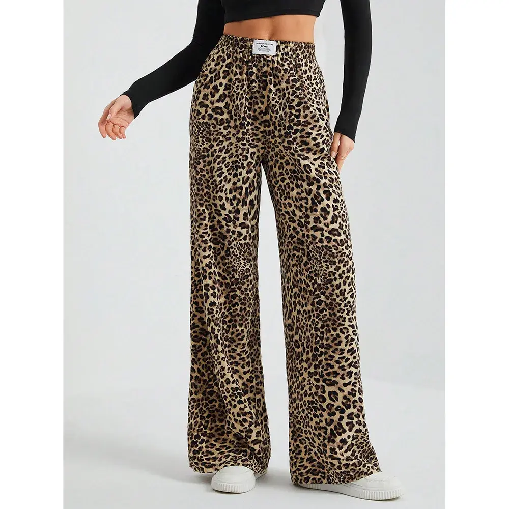 Leopard Print High-Waisted Loose-Fit Casual Trousers Straight-Leg Long Pants New 2024 Style Amazeon European And American