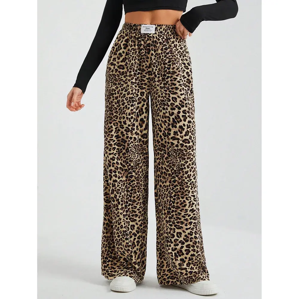Leopard Print High-Waisted Loose-Fit Casual Trousers Straight-Leg Long Pants New 2024 Style Amazeon European And American