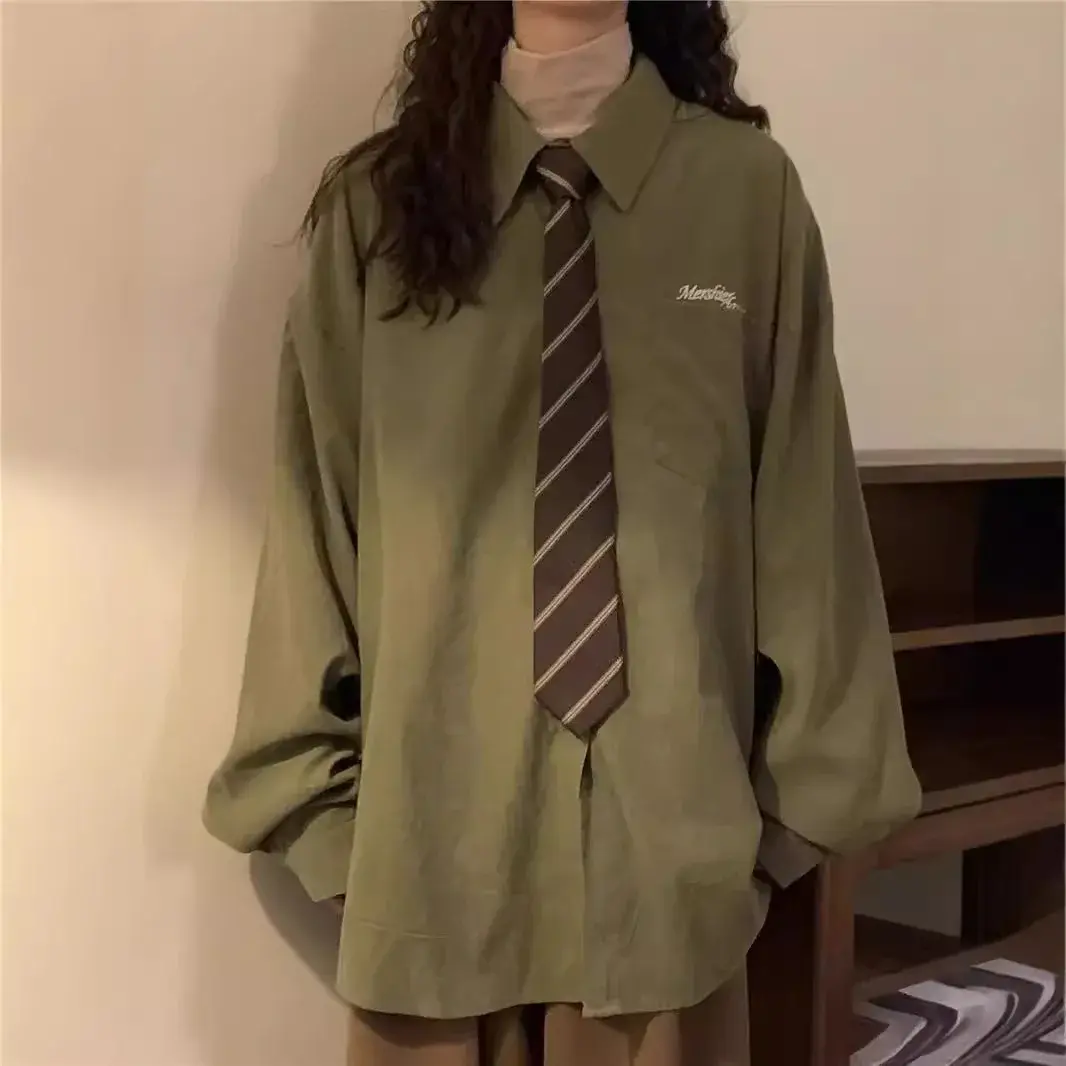 2024 Spring And Autumn New Loose-Fit American Style Vintage Japanese Green Long Sleeve Shirt For Men And Women Preppy Casual Shi