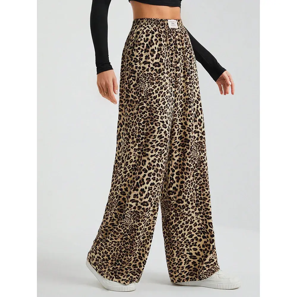 Leopard Print High-Waisted Loose-Fit Casual Trousers Straight-Leg Long Pants New 2024 Style Amazeon European And American