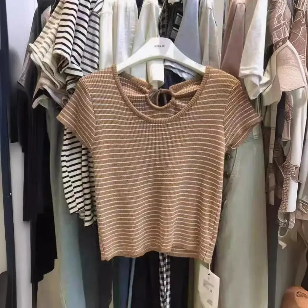 Chic Short Sleeve Knitted Top Women's Summer Fashion Cardi Waist T-Shirt Korean Style Crew Neck Pullover Polyester Fiber