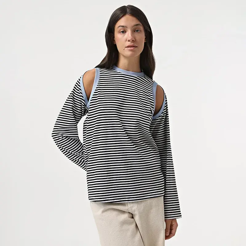 D24TP451 Women's Autumn New Casual Striped Round Neck Off-The-Shoulder Long Sleeve Color Blocking Loose Fit Top