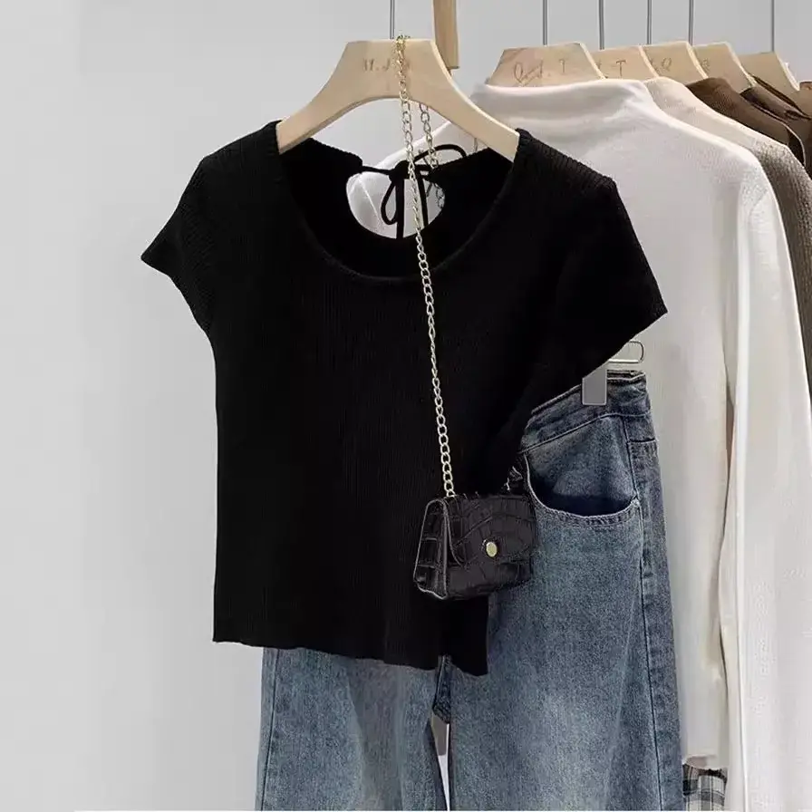 Chic Short Sleeve Knitted Top Women's Summer Fashion Cardi Waist T-Shirt Korean Style Crew Neck Pullover Polyester Fiber