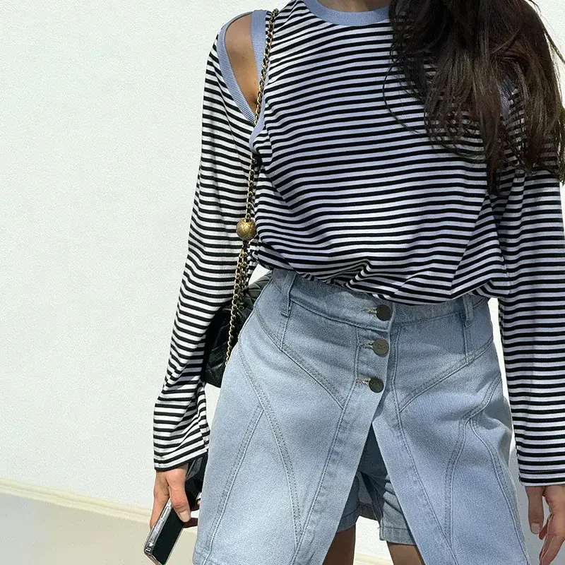 D24TP451 Women's Autumn New Casual Striped Round Neck Off-The-Shoulder Long Sleeve Color Blocking Loose Fit Top