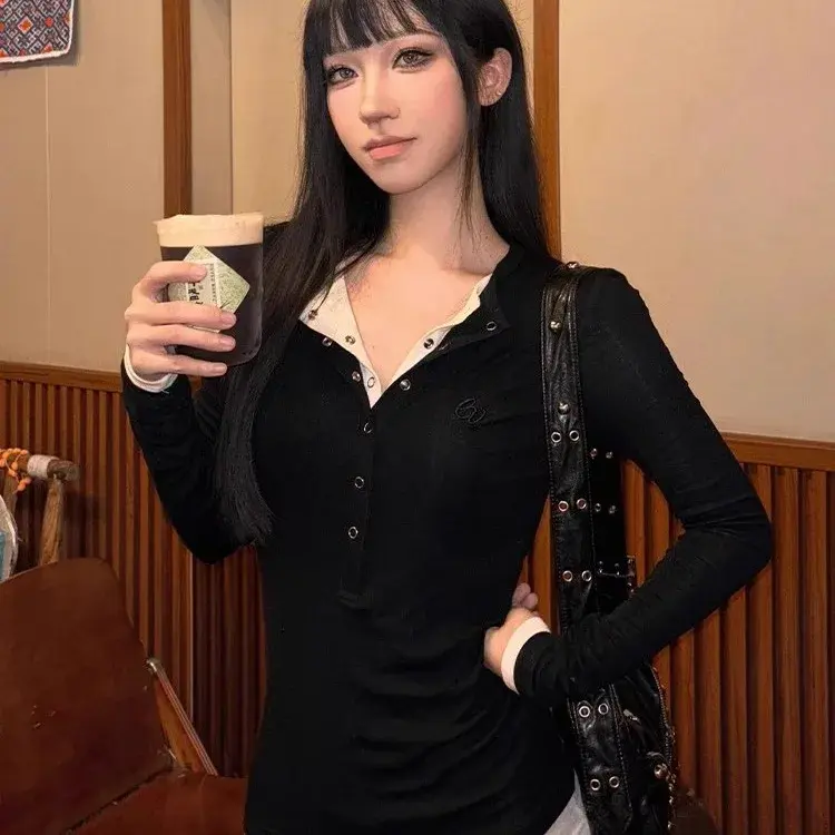 2024 Autumn New Fashion Two-Piece Slimming T-Shirt Set V-Neck Long Sleeves Color Blocking Sexy Top For Women