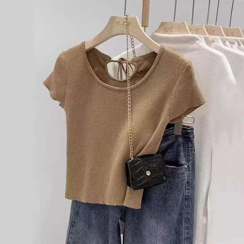 Chic Short Sleeve Knitted Top Women's Summer Fashion Cardi Waist T-Shirt Korean Style Crew Neck Pullover Polyester Fiber