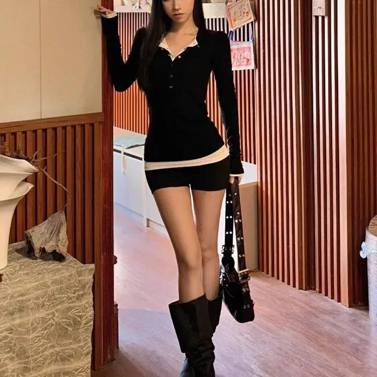 2024 Autumn New Fashion Two-Piece Slimming T-Shirt Set V-Neck Long Sleeves Color Blocking Sexy Top For Women