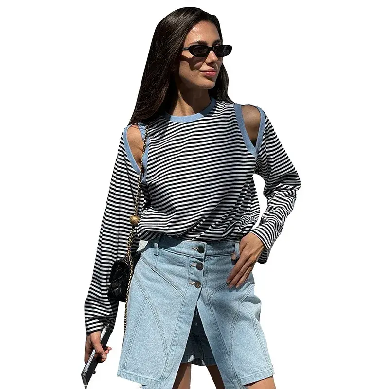 D24TP451 Women's Autumn New Casual Striped Round Neck Off-The-Shoulder Long Sleeve Color Blocking Loose Fit Top