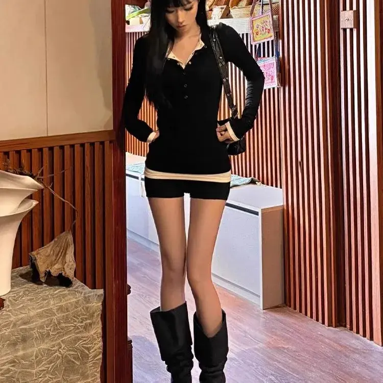 2024 Autumn New Fashion Two-Piece Slimming T-Shirt Set V-Neck Long Sleeves Color Blocking Sexy Top For Women