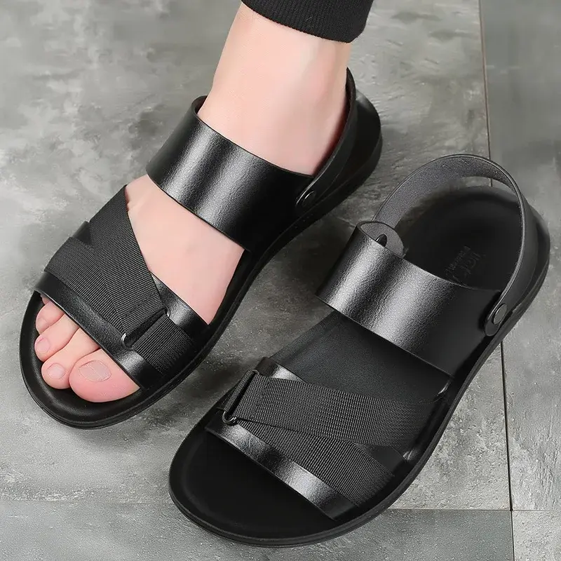 New Summer Men's Slippers Outer Wear Pure Leather Anti-Slip Soft Sole For Outdoor Use Comfortable Soft Leather Father Slippers