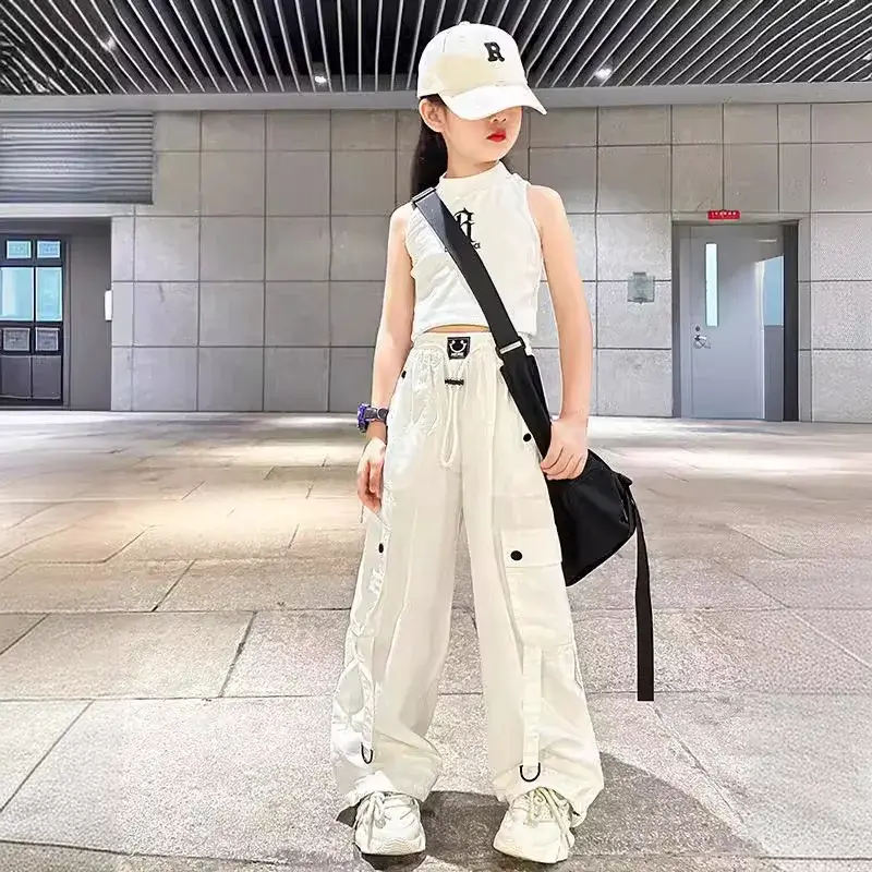 Stylish Loose-fit Women's Cargo Pants For Kids Summer 2024 New Arrival Hip Hop Street Dance Trousers Bell Bottoms For Children
