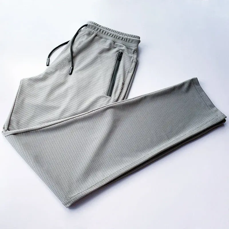 2021 Summer Thin Ice Silk Men's Casual Pants Fitness Running Breathable Sweatpants Loose Fit Solid Color Cropped Pants