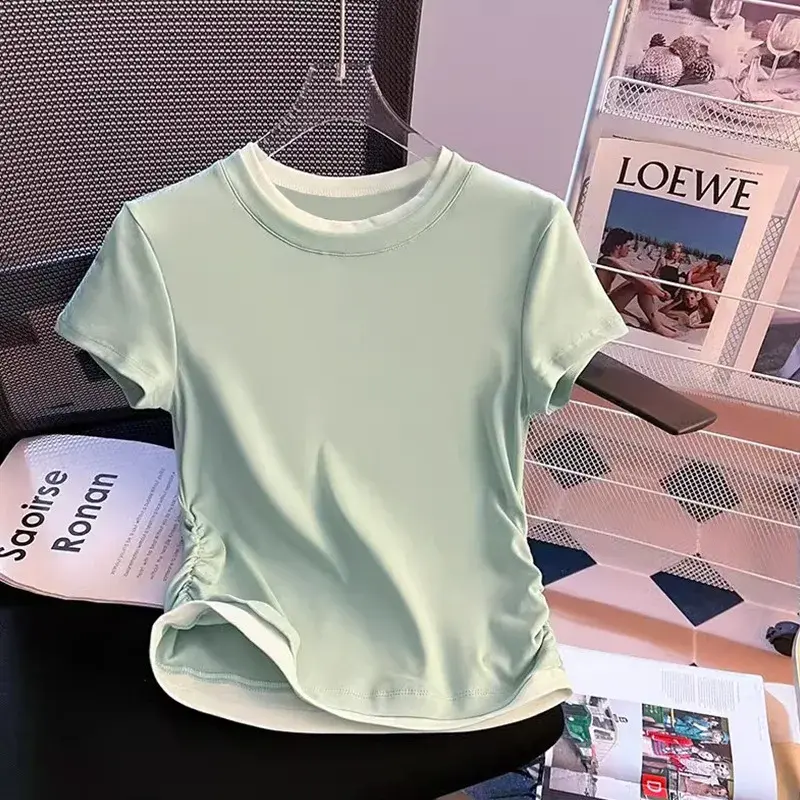 Slimming Effect Modal Women's T-shirt Summer New Style Crew Neck Short Sleeve Fake Two-Piece Color Block Decorations