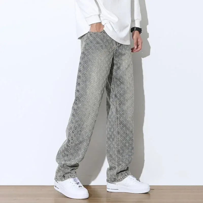 Vintage Style Jacquard Jeans Men's Straight-leg Pants American Style Trendy Brand Matching Casual Streetwear For Summer
