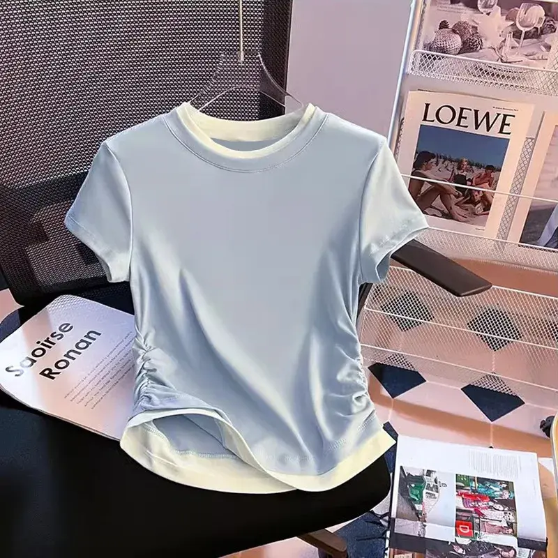 Slimming Effect Modal Women's T-shirt Summer New Style Crew Neck Short Sleeve Fake Two-Piece Color Block Decorations