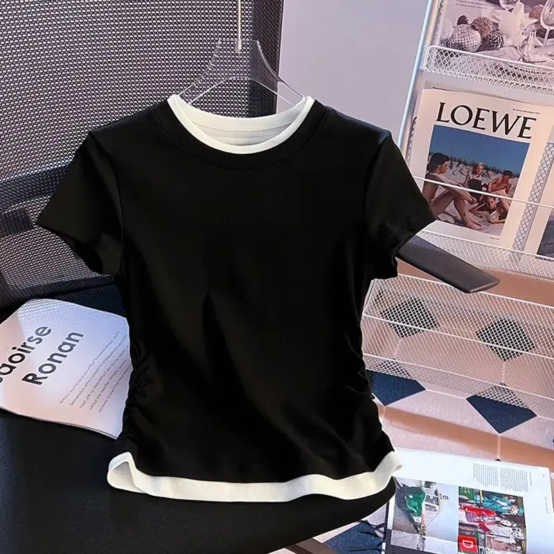Slimming Effect Modal Women's T-shirt Summer New Style Crew Neck Short Sleeve Fake Two-Piece Color Block Decorations