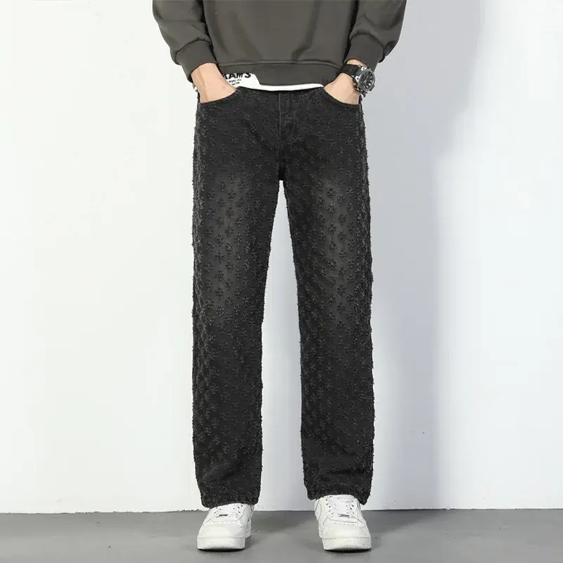 Vintage Style Jacquard Jeans Men's Straight-leg Pants American Style Trendy Brand Matching Casual Streetwear For Summer