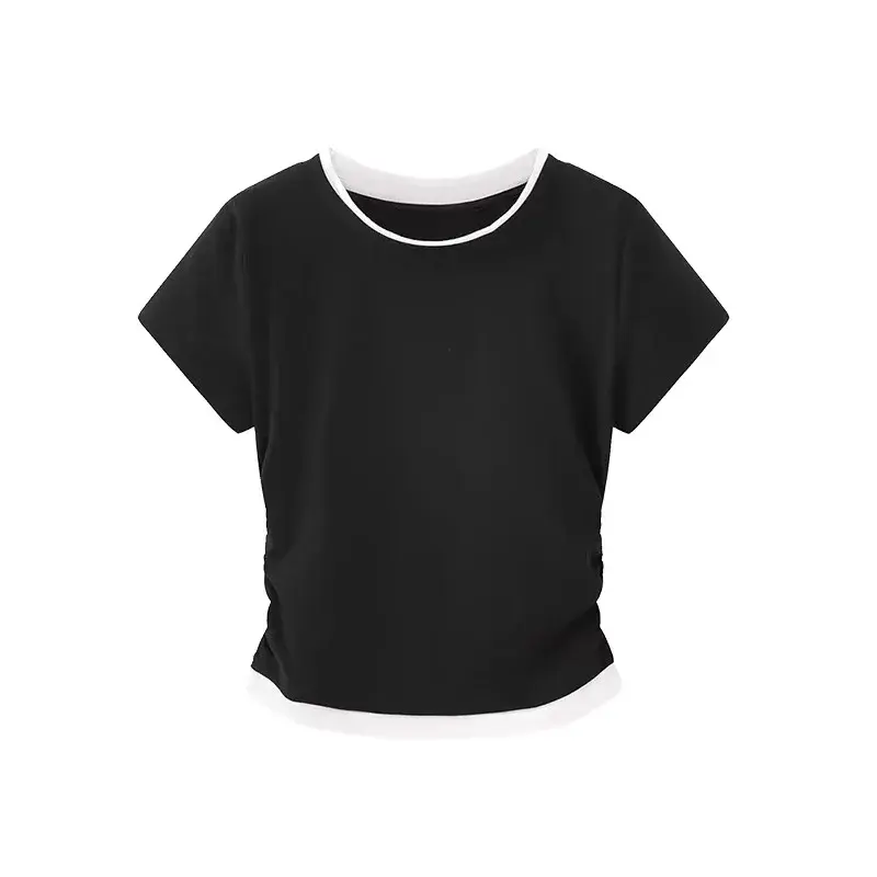 Slimming Effect Modal Women's T-shirt Summer New Style Crew Neck Short Sleeve Fake Two-Piece Color Block Decorations