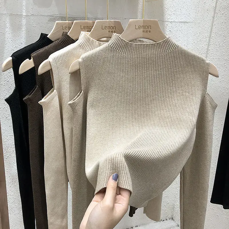 Women's Knitted Sweater Shoulder-baring Long Sleeve Slimming Base Layer Top Pure Color Autumn Winter New Style Crew Neck